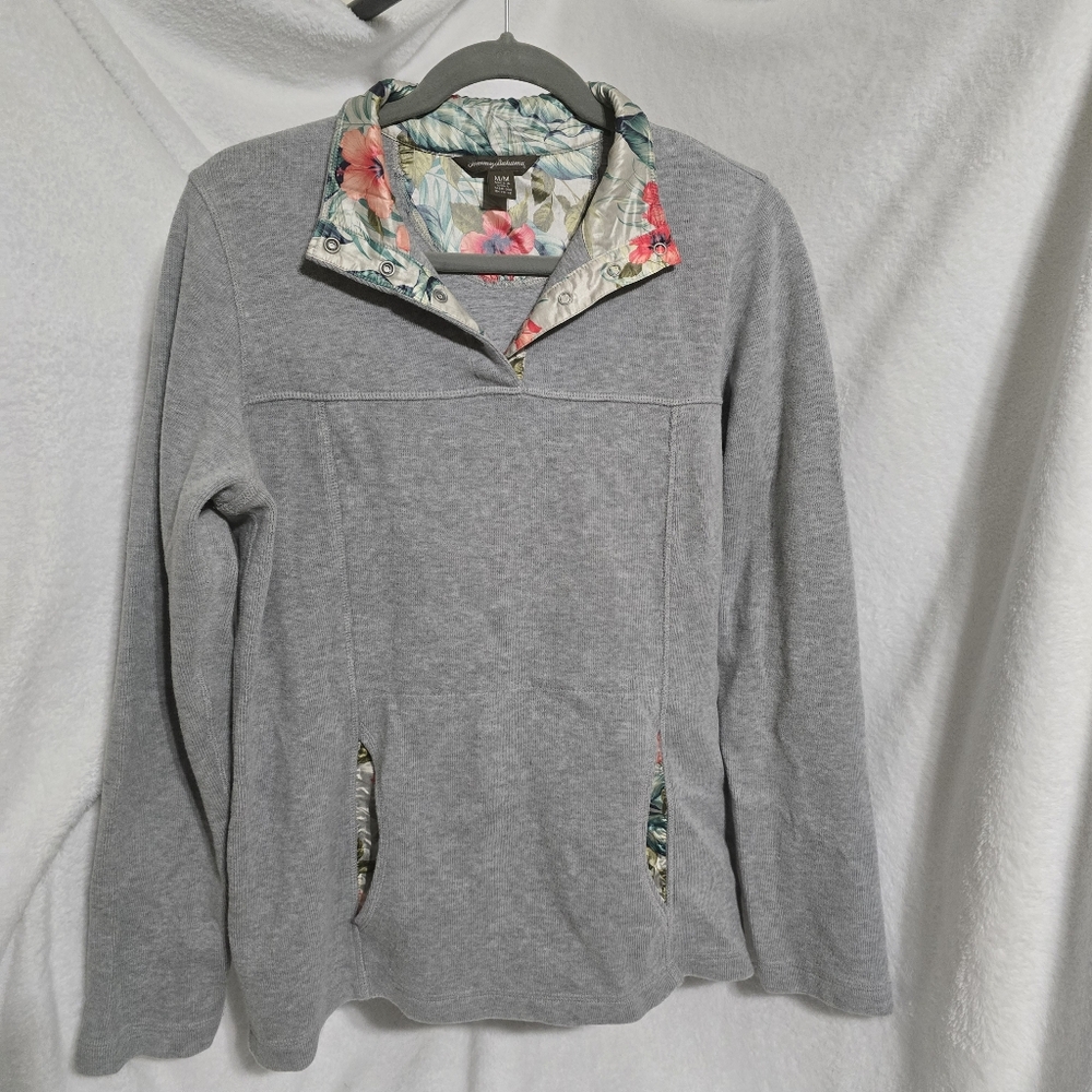 Tommy Bahama Gray Sweater Tropical Floral Collar Size M